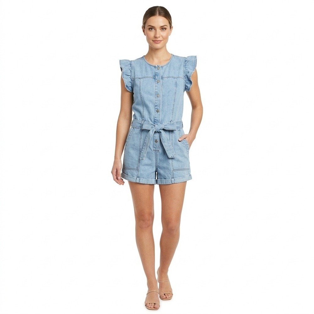 Blue Velvet Denim Romper Light Wash Ruffle Sleeve Button Front Belted Size M